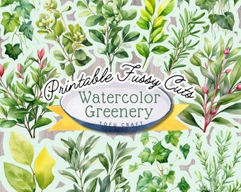 Printable Watercolor Greenery Fussy Cuts, Green Leaves and Foliage Ephemera, PNG Digital Stickers, Collage Sheets for Botanical Junk Journal