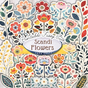 Stile arte popolare scandinava Foglio collage di fiori fussy cut / Effimere floreali stampabili per diario di spazzatura e arte Adesivi da scaricare digitalmente