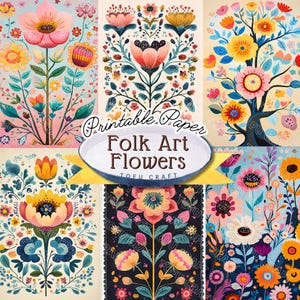 Fogli di giornale di spazzatura in stile arte popolare, fiori scandinavi Fogli di collage stampabili per scrapbooking e forniture per diario d'arte Download digitale