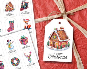 Printable Watercolor Christmas Tags – 36 Colorful Holiday Labels for Gift Wrapping