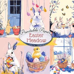 May include: A collage of Easter-themed illustrations. The images include bunnies, chicks, decorated eggs, and baskets. The text "Printable Paper Easter Meadow" is displayed in a decorative oval.