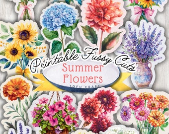 Watercolor Summer Flowers Ephemera, Printable Fussy Cuts (Digital Download)