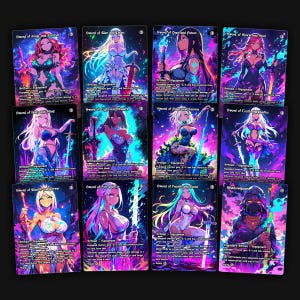 May include: A collection of fantasy trading cards featuring anime-style illustrations of female characters. Each card has a unique design with vibrant colors, text, and the title of the card. The cards are set against a dark background.