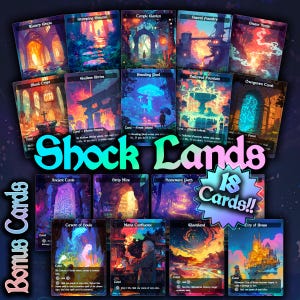 May include: A set of 18 Magic: The Gathering cards featuring shock lands and bonus cards. The cards are illustrated with colorful fantasy scenes and feature the text "Shock Lands" and "18 Cards!!".