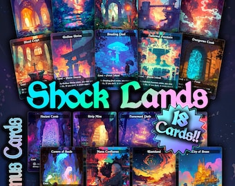 May include: A set of 18 Magic: The Gathering cards featuring shock lands and bonus cards. The cards are illustrated with colorful fantasy scenes and feature the text "Shock Lands" and "18 Cards!!".