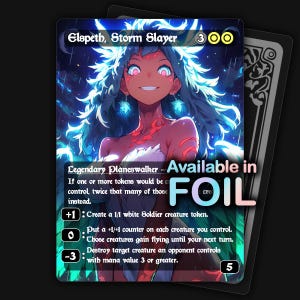 May include: A Magic: The Gathering card featuring Elspeth, Storm Slayer. The card has a vibrant illustration of a female character with blue hair and a determined expression. The text "Available in FOIL" is visible. The card's mana cost is 300, and it has abilities listed below the illustration.