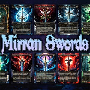 May include: A set of ten fantasy trading cards featuring swords with different colored backgrounds and names like "Sword of Death and Doom" and "Sword of Fire and Ice".
