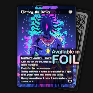 May include: A collectible trading card featuring "Ulamog, the Defiler." The card has a dark blue and purple color scheme with a stylized figure and text. The text includes "Legendary Creature - Eldrazi" and "Available in FOIL."