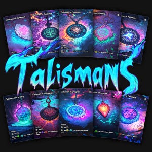 May include: A collection of ten rectangular game cards featuring glowing magical talismans with intricate symbols and runes. The word Talismans is written in large, stylized blue dripping letters across the center of the dark background.