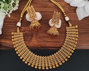 Traditional Antique Gold necklace set for Women/Girls with earrings for weddings perfect gift for her high finished jewelery