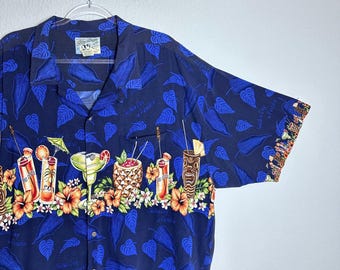 Jaren 90 grote honden heren 3X Hawaiiaans kampshirt marineblauwe tiki-cocktail tropisch Vtg