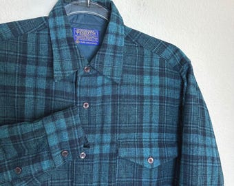Vintage jaren 60 Pendleton herenveldshirt geruit 100% scheerwol, button-up maat 15