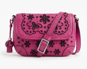 Brighton baby Valencia paarse leren bloemen geborduurde crossbody tas met kwastje