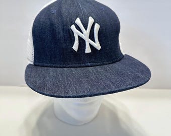 Vintage jaren 90 New Era NY Yankees truckerhoed 7 3/4 gemaakt in de VS denim mesh MLB pet