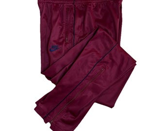 Vintage Nike joggingbroek kastanjebruin blauwe streep nylon enkelrits jaren 90 gemaakt in Japan