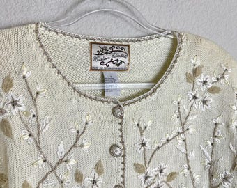 Heirloom Collectibles Vintage 1998 bloemen geborduurd vest met kralen ivoor, maat S