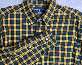 Jaren 90 Ralph Lauren heren klassiek fit geruit overhemd met knoopsluiting pony groen geel KLEIN