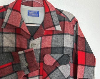 Vintage Pendleton Board-shirt heren medium rood grijze geruite 100% wol jaren 50/60 lus