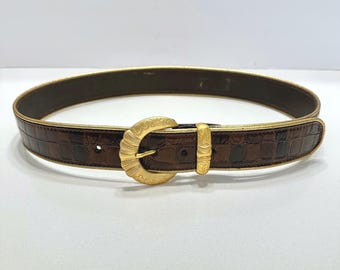 Nanni Italy bruine leren riem met krokodillenreliëf goud gegraveerde gespmaat 34