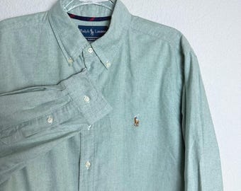 Y2K Polo Ralph Lauren heren klassieke pasvorm Oxford-shirt groene pony lange mouw maat L