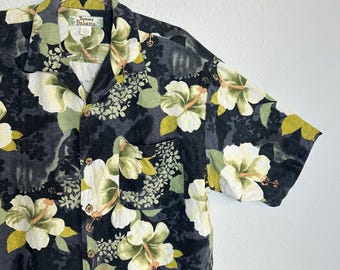 Tommy Bahama Men M 100% Silk Hibiscus Floral Camp Shirt Black Green Short Sleeve