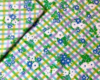 NUOVO Lenzuolo con angoli elasticizzati vintage BIBB a quadretti, calico e con stampa floreale, matrimoniale, verde e viola, prodotto negli Stati Uniti