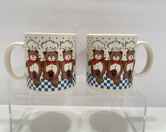 Vintage B & D dansende chef-kok keuken koken teddybeer koffiemok set van 2 jaren 80