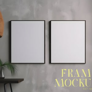Two frames mockup, two 5x7 picture, interior mockup, living room, simple, luxury, Victorian, classic, wood frame mockup, ratio ISO, DIN, V13