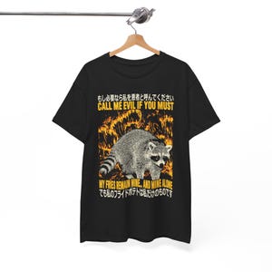 Puede incluir: Camiseta negra con una ilustración de mapache y texto. El mapache está frente a un fondo de llamas. El texto dice "CALL ME EVIL IF YOU MUST" y "MY FRIES REMAIN MINE... AND MINE ALONE."