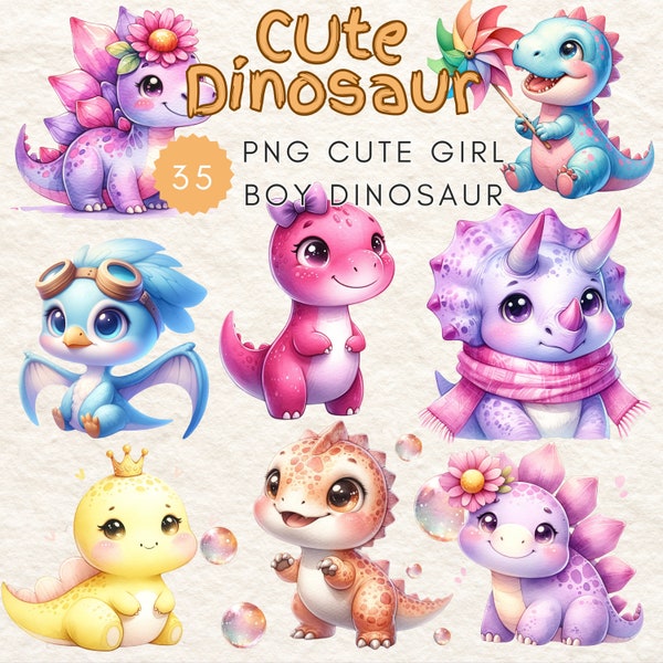 Girl Dinosaur Watercolor Pastel Cute, Baby Dinosaur Cute, Pink Purple Dinosaur Birthday,  35 Clipart PNG Nursery Clipart Transparent