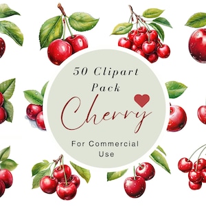 Watercolor Cherry 50+ Clipart - digital jpeg cherries graphics for instant download commercial use