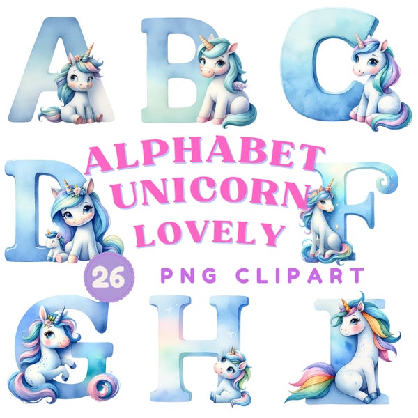 Watercolor Unicorn Alphabet Letters Clipart PNG Set  Pink Alphabet Clipart,Baby Milestone Clipart,Unicorn  Bundle,Commercial Use 26 PNG