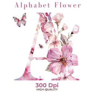 Alfabeto Aquarela Letras Florais Clipart PNG Conjunto Rosa Alfabeto Clipart, Baby Milestone Clipart, Pacote de Borboleta,Uso Comercial 36 PNG