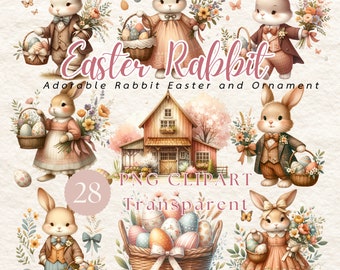 Watercolor Easter Rabbit with Ornament Clipart Bundle, Easter Bunny, Easter Egg, Easter Basket, Boho Easter PNG, Wildflower Easter,Eggs Nest