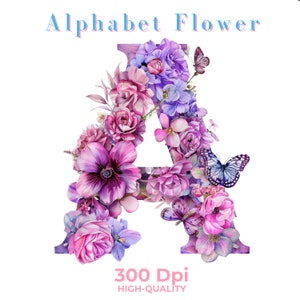 Acuarela alfabeto letras florales Clipart PNG Set alfabeto rosa clipart, bebé hito clipart, paquete de flores rosas, uso comercial 26 PNG