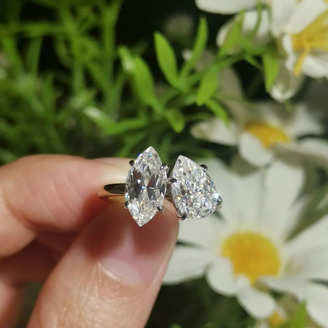 Toi Et Moi Moissanite Engagement Ring - Pear & Marquise Double Stone Ring In 9K/14K/18K Gold