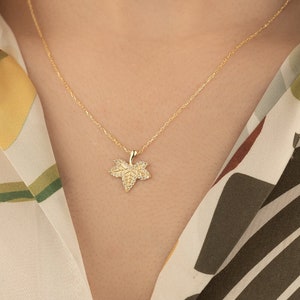 Gold Diamant Ahornblatt Halskette - Geschenk für Sie - Pave Schmuck - 925 Silber Lucky Leaf Halskette - Naturschmuck - 3D Schmuck