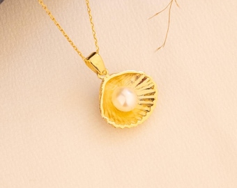 Gouden schelpketting: sterlingzilveren oesterbedel, natuurlijke parel