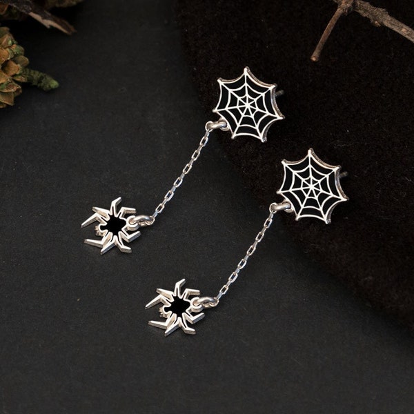 Spider Web Dangle and Drope Earrings - Halloween Earrings - Enamel Spider Web Earring - Black  Spider Earring - Gift For Kids - Gift for Her