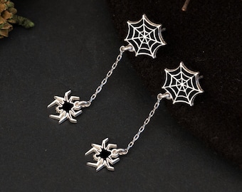 Sterling Silver Spider Web Dangle Earrings - Halloween Jewelry