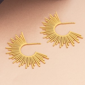 14K Sunburst Earrings Christmas Gift 14K Gold Sunshine Earrings Solid Gold Half Sunbeam Earrings for Women Dainty Celestial Studs image 2