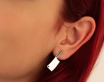 Halloween Spooky Cleaver Earrings – Gold Scary Butcher Knife Enamel Studs, Gothic Costume Jewelry