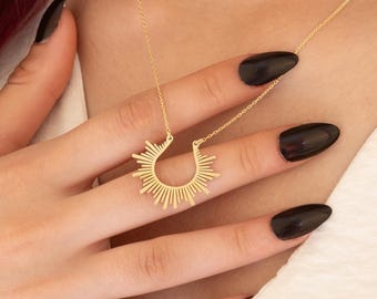 Gold Sunburst Ring Holder Necklace: Sterling Silver Celestial Pendant