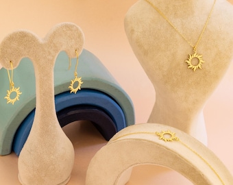 14K Gold Sun Jewelry Set: Necklace, Bracelet & Earrings