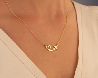 Sterling Silver Heart & Airplane Necklace: Travel Gift Gold Airplane Necklace