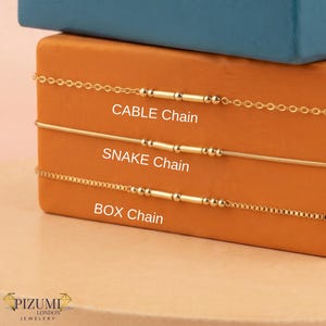 May include: Three gold-toned chains displayed horizontally. The top is a CABLE Chain, the middle is a SNAKE Chain, and the bottom is a BOX Chain. Each chain features a central decorative element consisting of a small tube flanked by two beads.