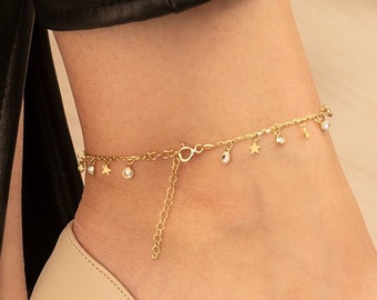 Anklet Bracelet with Charms - Christmas Gift - Ankle Chain - Stars Charm Anklet - Charm Anklet - Dainty Charm Anklet - Gift for Her