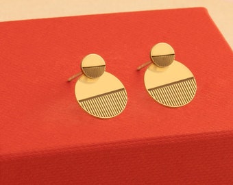 Modern Double Round Earrings - Christmas Gift - Line Scratch Earrings - Stud Dangle Earrings - Modern Jewelry - Handmade Earrings
