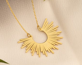 14K Sunburst Necklace - Gold Sunshine Necklaces - Half Sunbeam Necklace for Women - Celestial Necklace - Half Sun Necklace - Gift For Her
