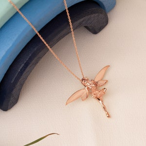 3D Gold Fairy Necklace 3D Jewellery Pixie Wings Necklace Gift for Her Gift for Kids Fairytale Jewellery Tinkerbell Necklace Rose